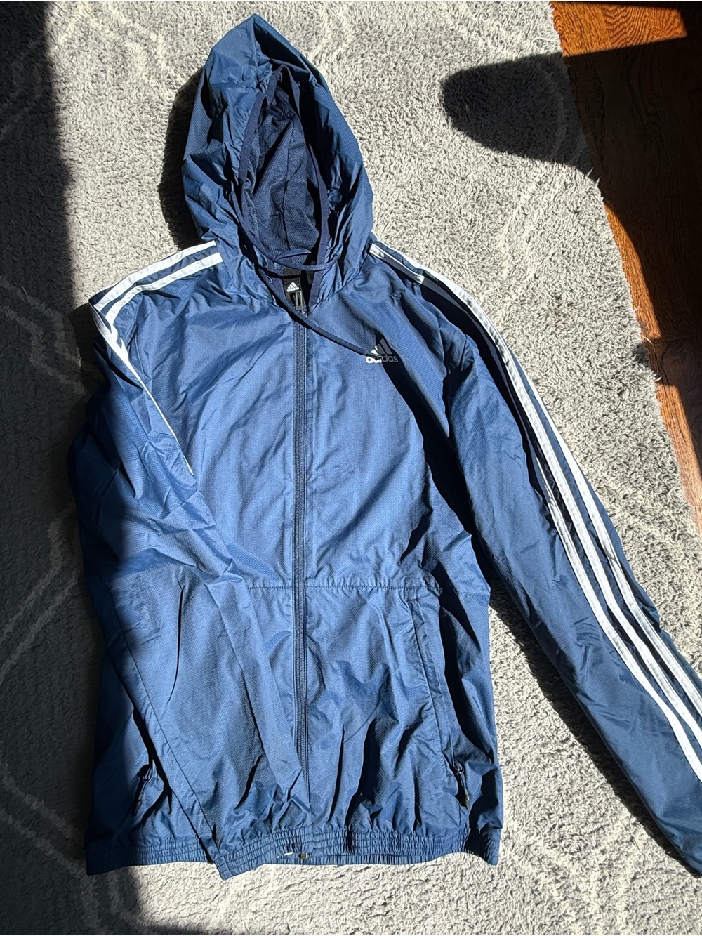 adidas Blue Hooded Windbreaker with White 3-Stripes